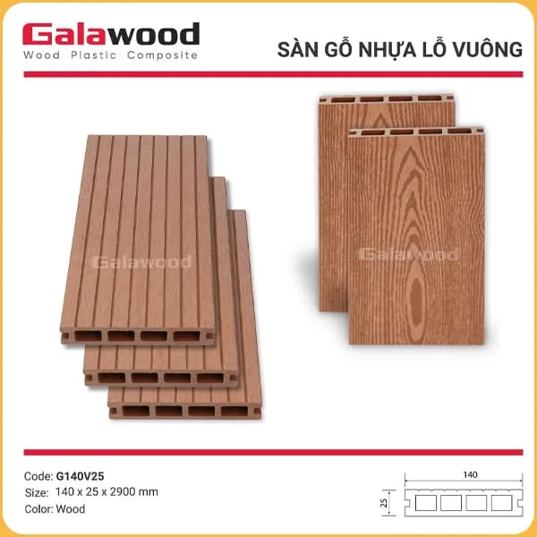 Sàn Gỗ Nhựa Ngoài Trời Galawood Lỗ Vuông G140V25